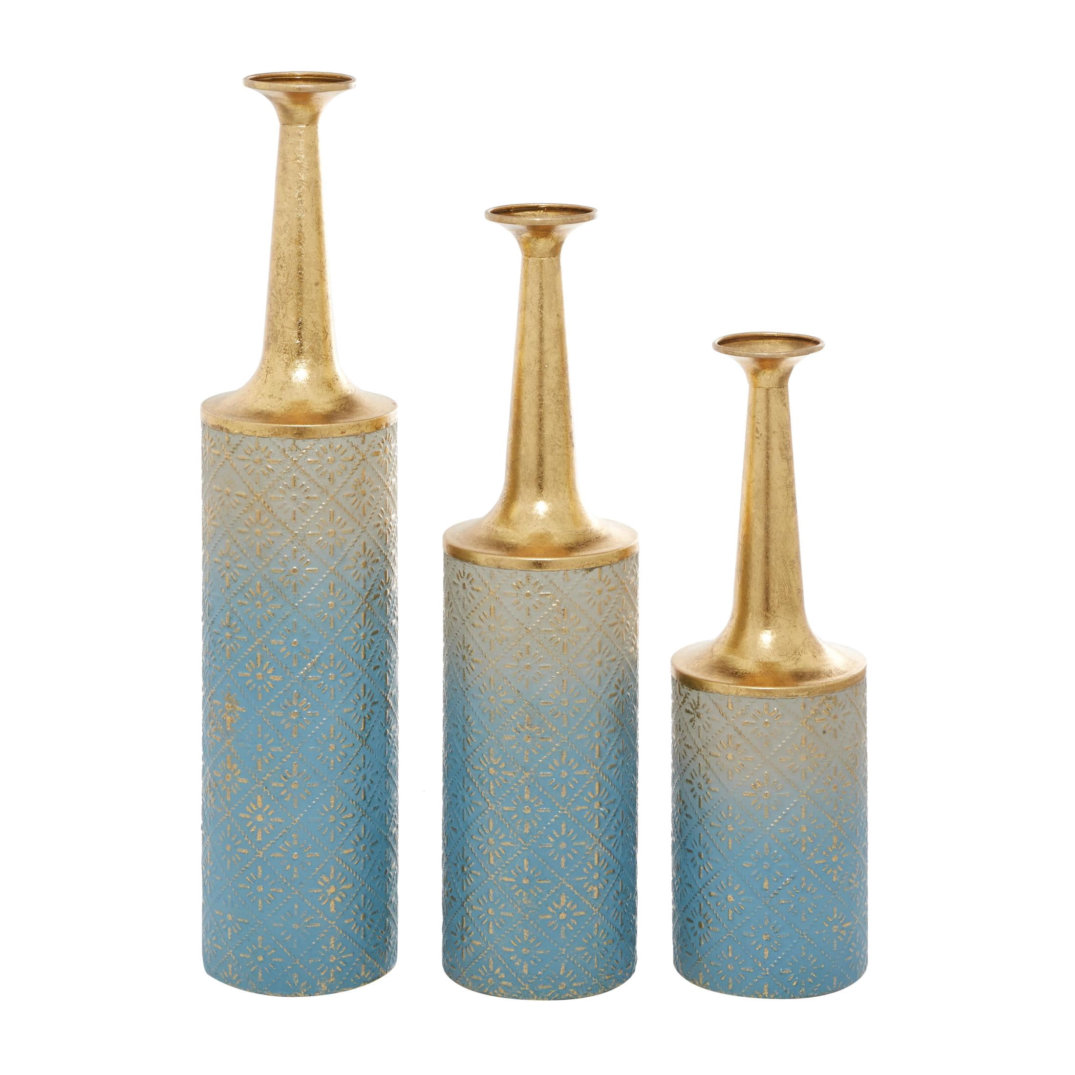 DecMode 27", 24", 20"H Floral Ombre Diamond Patterned Blue Metal Vase with Gold Top, Set of 3
