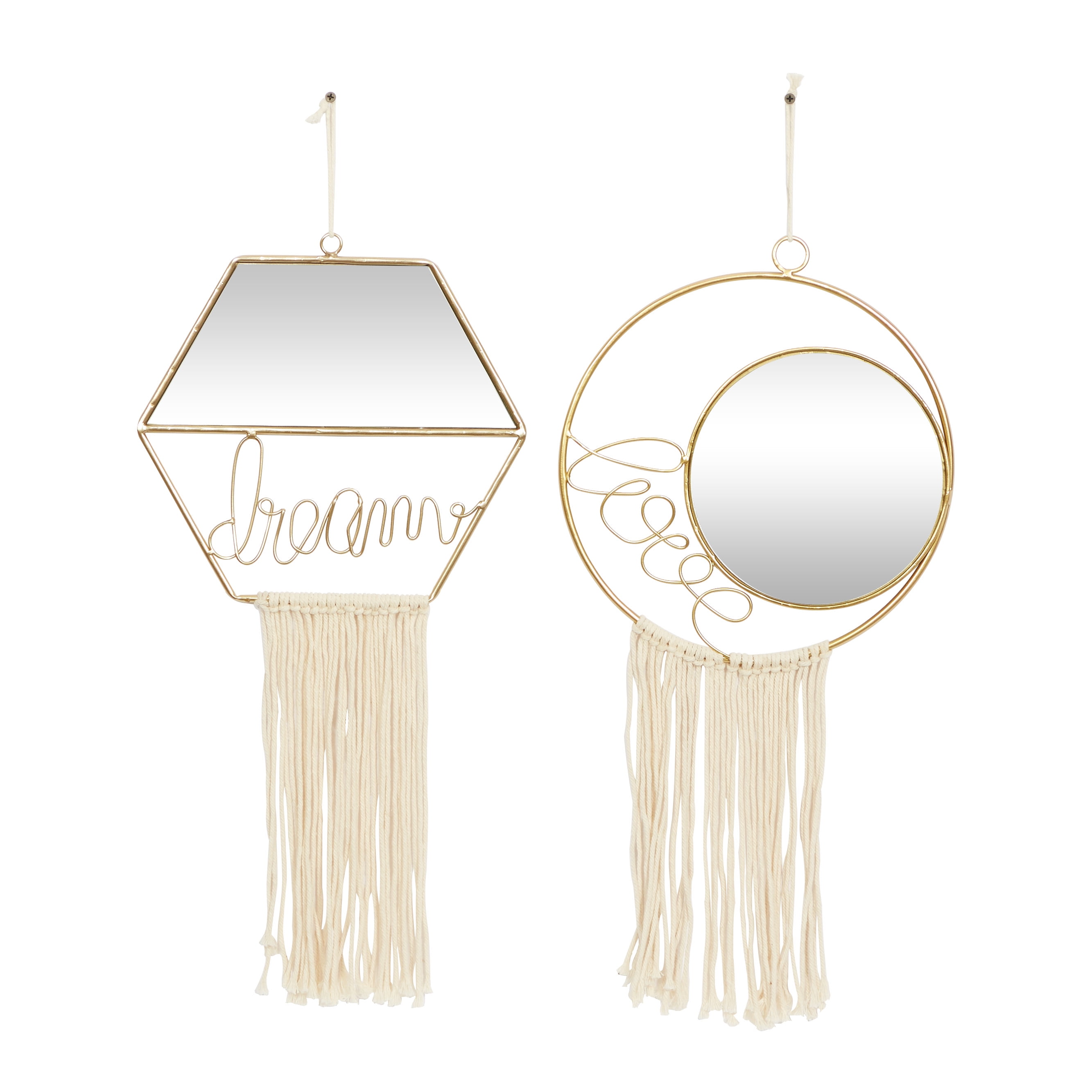 Gold Geometric Wall Mirrors with Fringe Tassels, Set of 2
