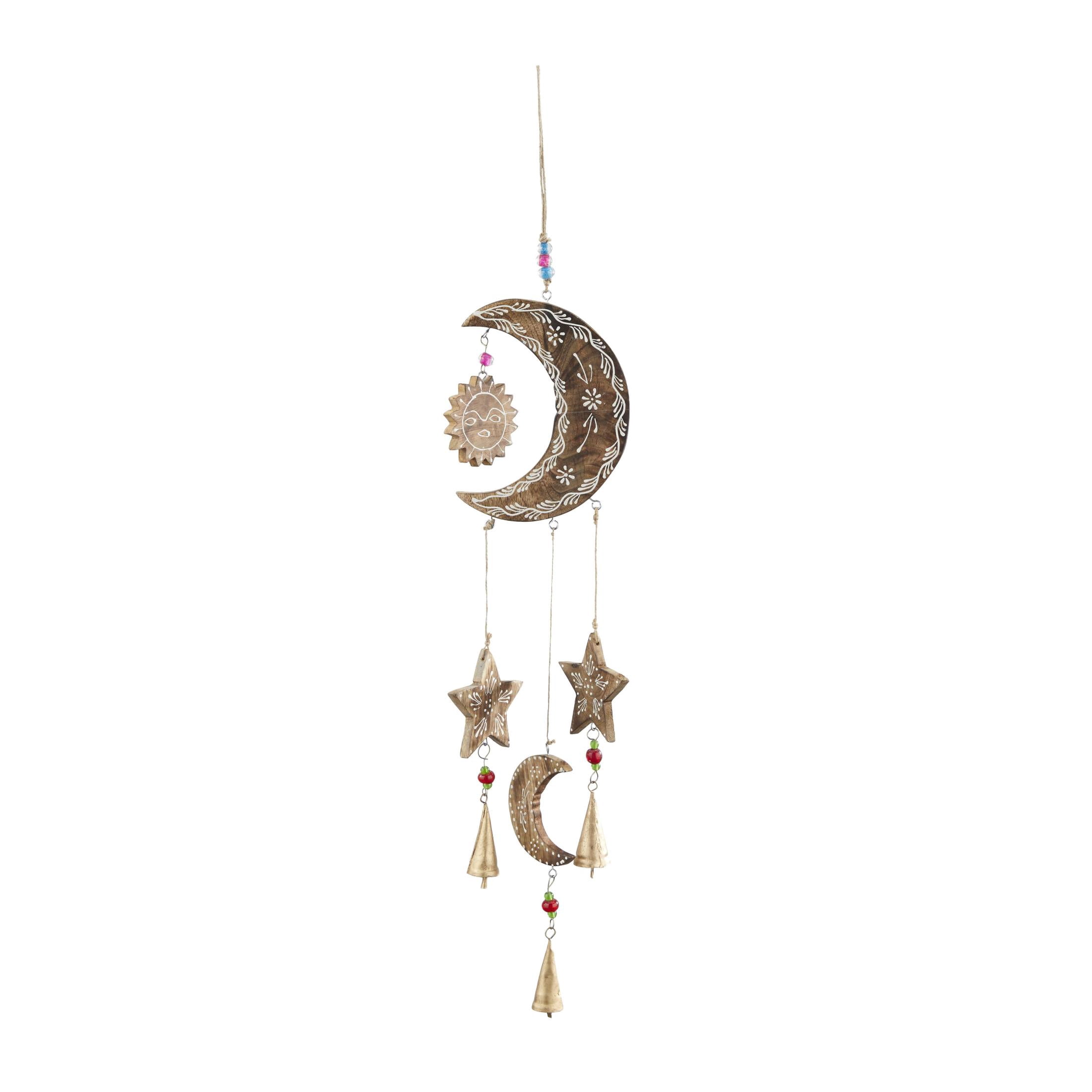 DecMode 34" Gold Mango Wood Handmade Sun and Moon Windchime with Glass Beads and Cone Bells