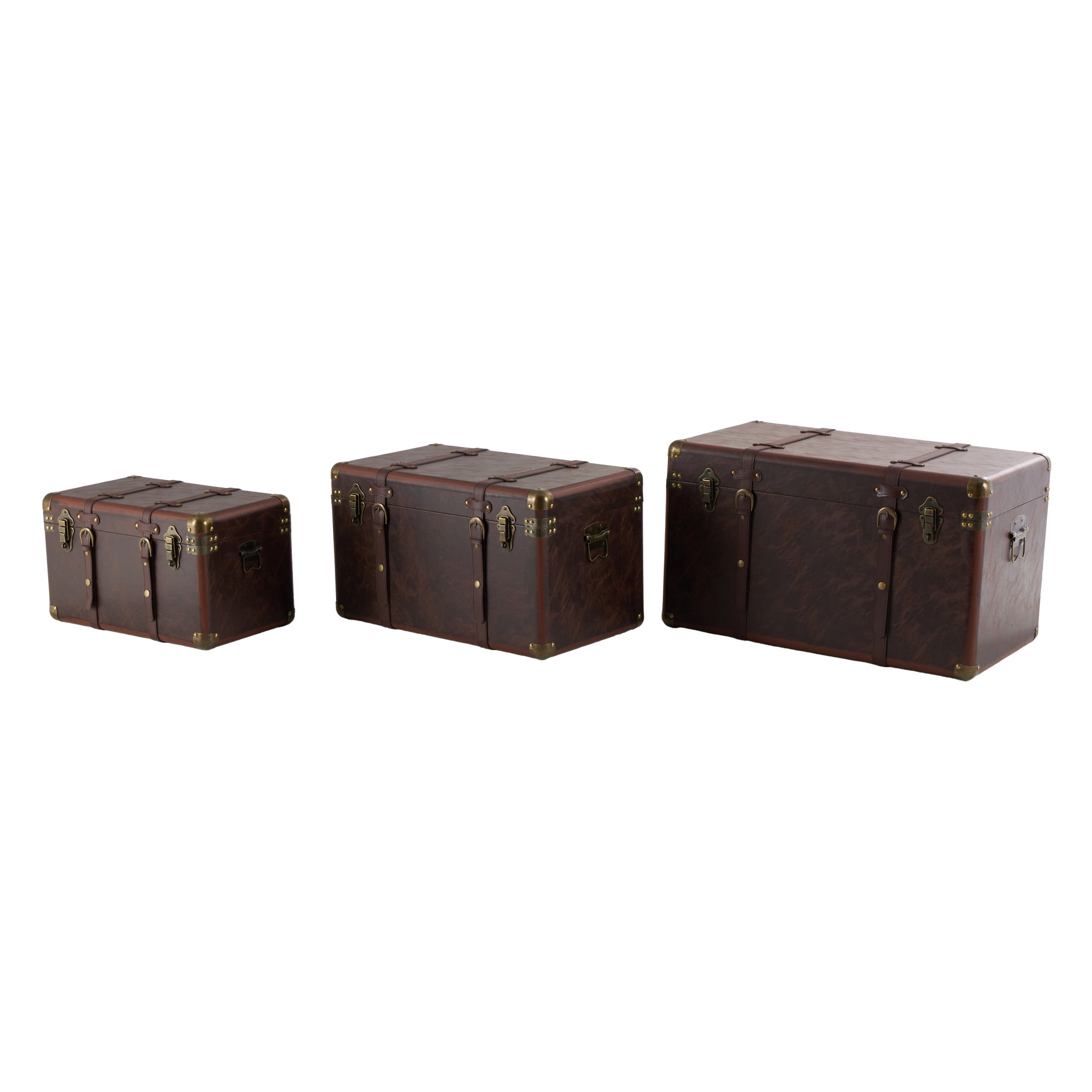 DecMode 19" x 10" Brown Faux Leather Nesting Upholstered Trunk with Vintage Gold Accents and Studs, 3-Pieces