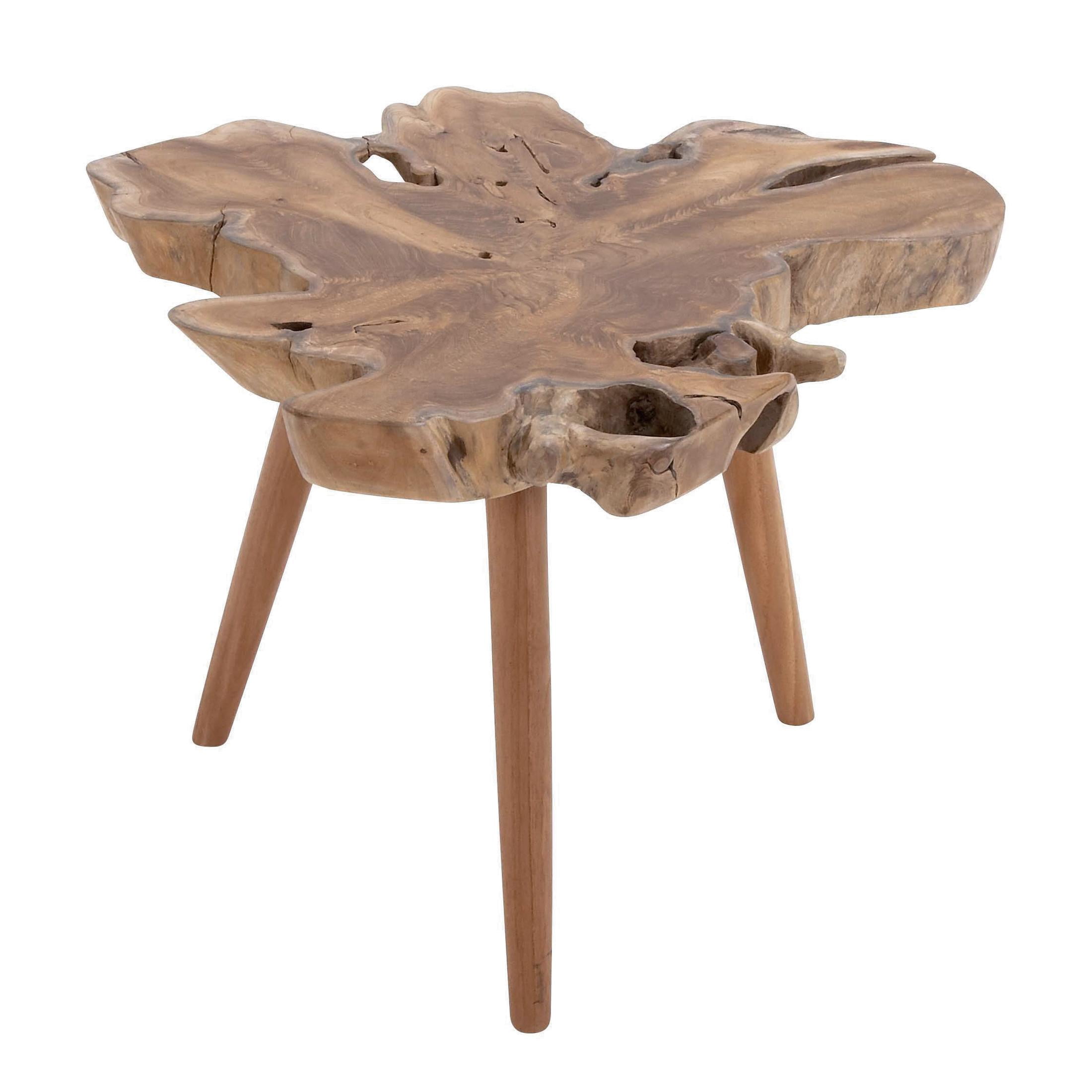 DecMode 27" x 20" Brown Teak Wood Handmade Live Edge Accent Table with Tripod Legs, 1-Piece