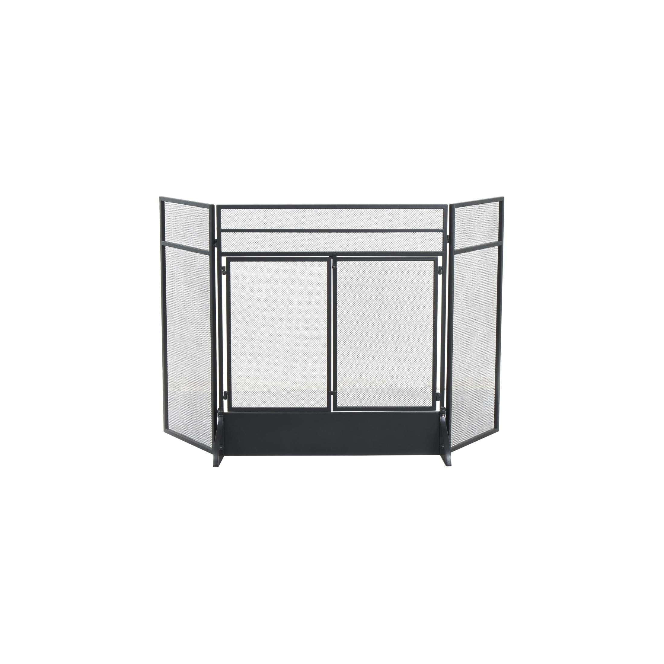 DecMode 27" x 30" Black Metal 3 Panel and 2 Door Geometric Fireplace Screen with Mesh Backing, 1-Piece
