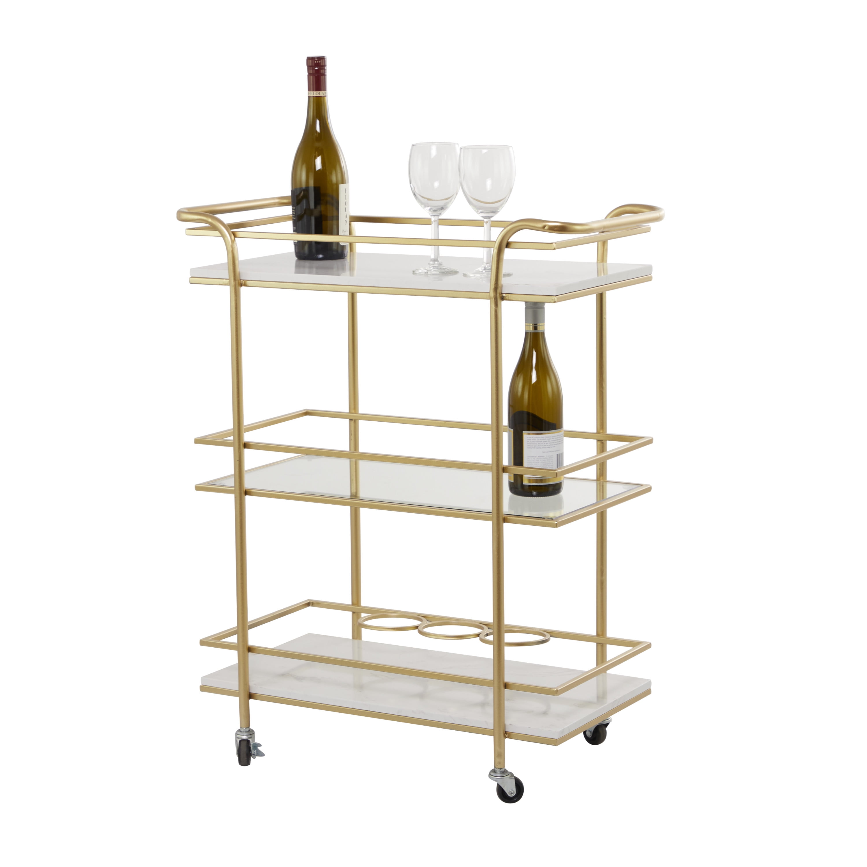 Gold Marble and Glass 3-Tier Rolling Bar Cart with Wine Rack
