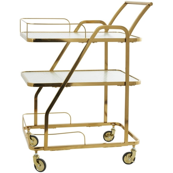 DecMode 27" x 35" Gold Metal Rolling Glass Shelf 3 Tier Bar Cart with Side Guards and Handle, 1-Piece