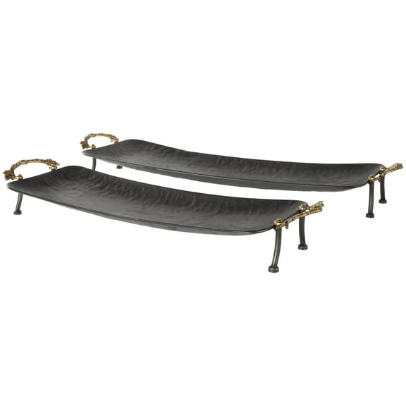 DecMode 28", 24"W Black Metal Textured Curved Leaf Tray with Elevated Feet and Gold Scroll Vine Handles, 2-Pieces