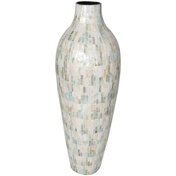 DecMode 28" Handmade Mosaic Inspired White Mother of Pearl Shell Vase with Pastel Blue and Pink Accents