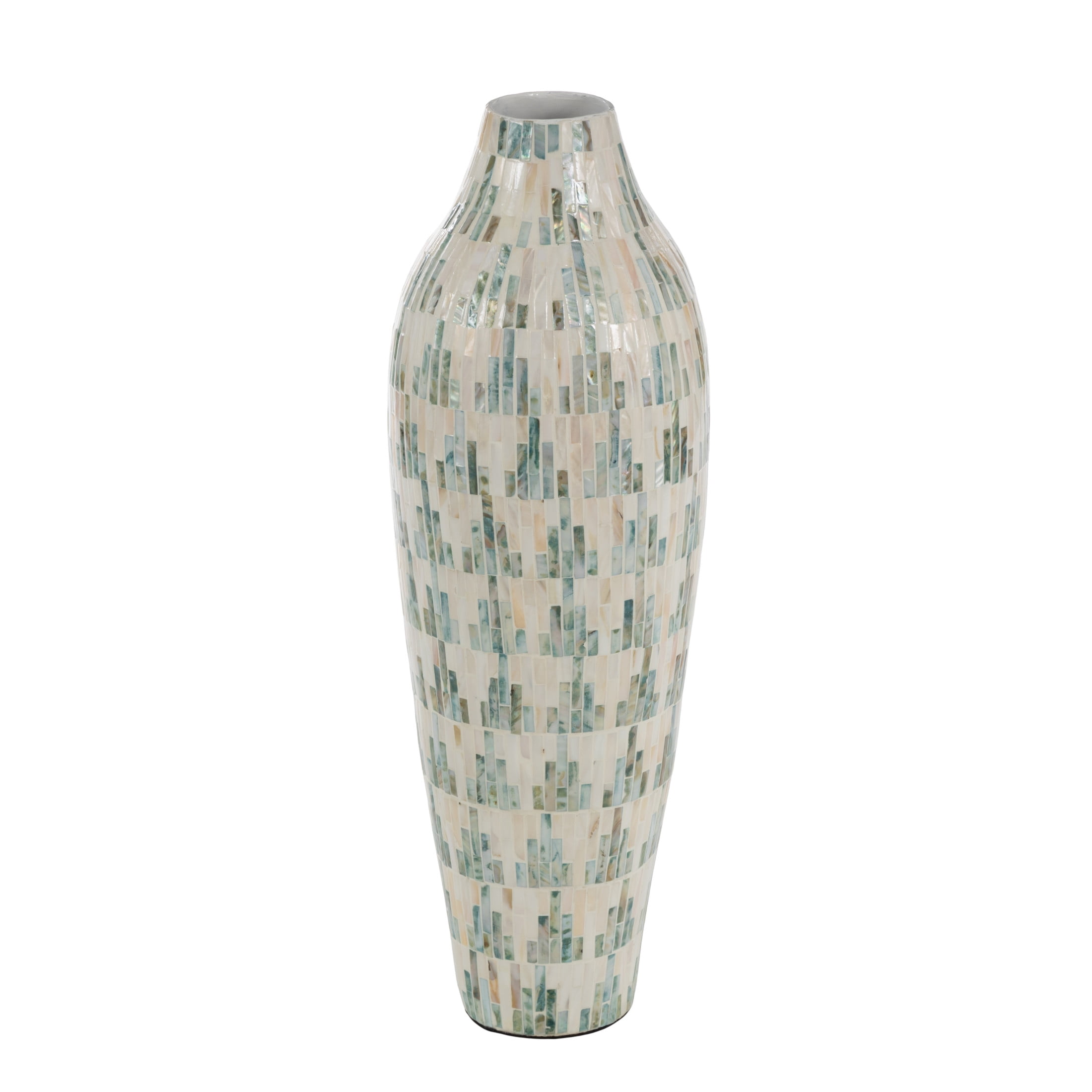 DecMode 28" Handmade Mosaic Inspired White Mother of Pearl Shell Vase with Pastel Blue and Pink Accents