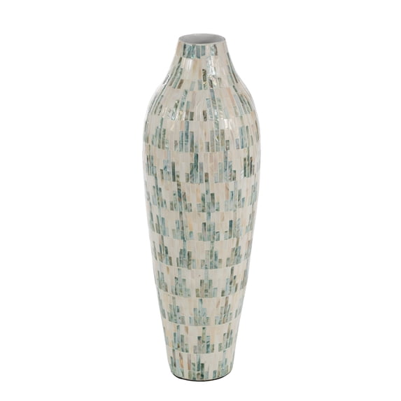 DecMode 28" Handmade Mosaic Inspired White Mother of Pearl Shell Vase with Pastel Blue and Pink Accents