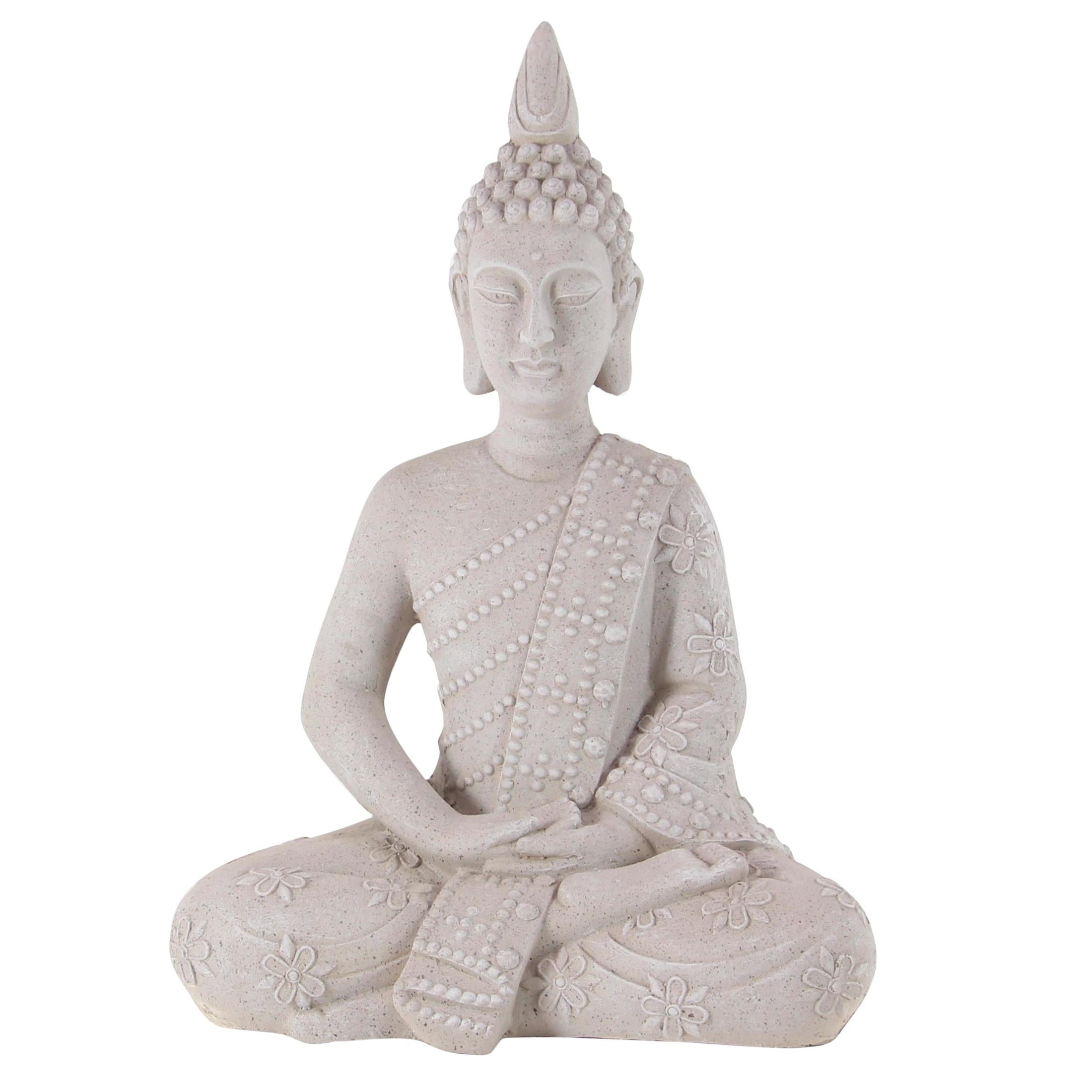 DecMode Gray Magnesium Oxide Buddha Indoor Outdoor Meditating Decorative Garden Sculpture with Floral Carvings, 19" x 13" x 28"