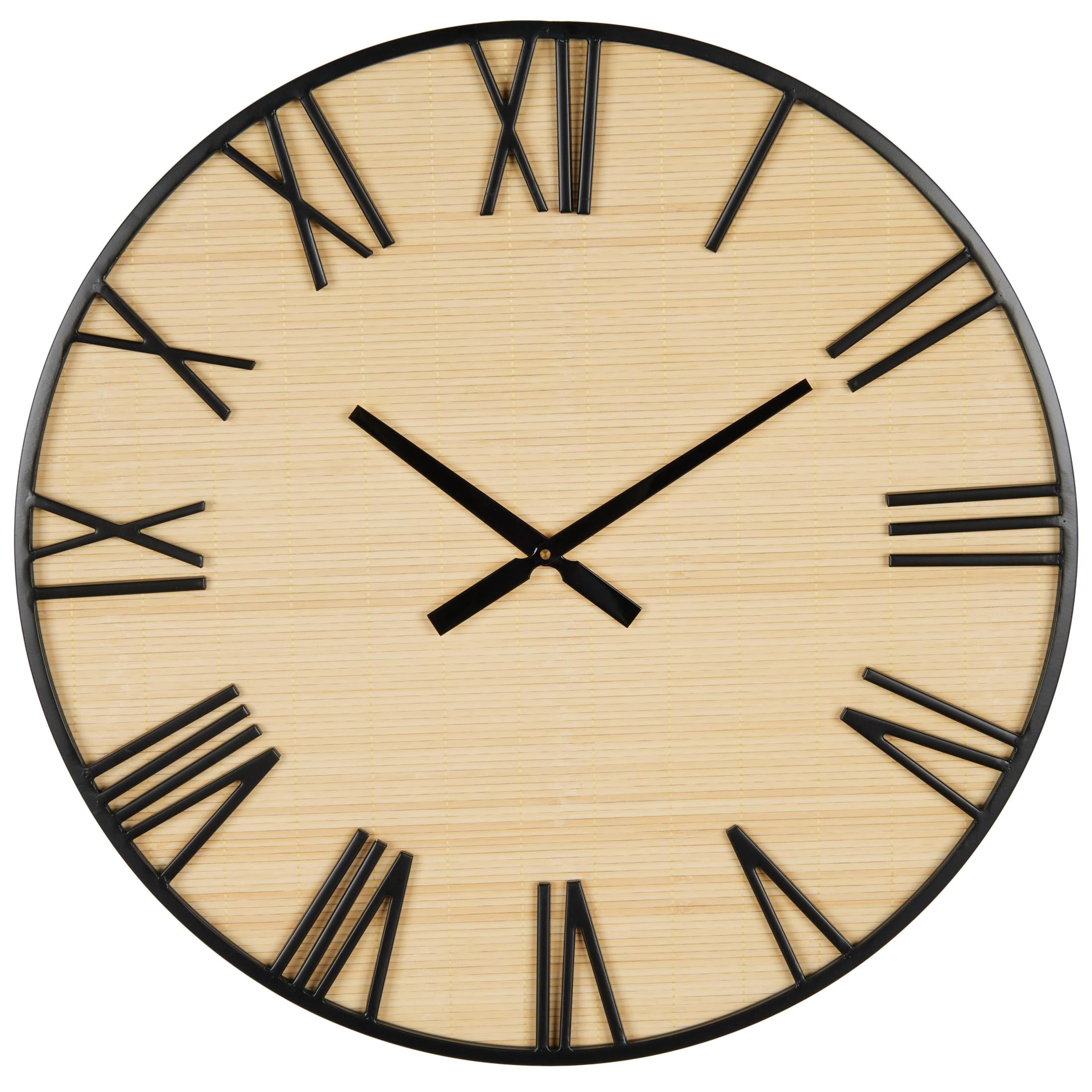 DecMode 28" Light Brown Wooden Wall Clock with Black Metal Numbers and Frame