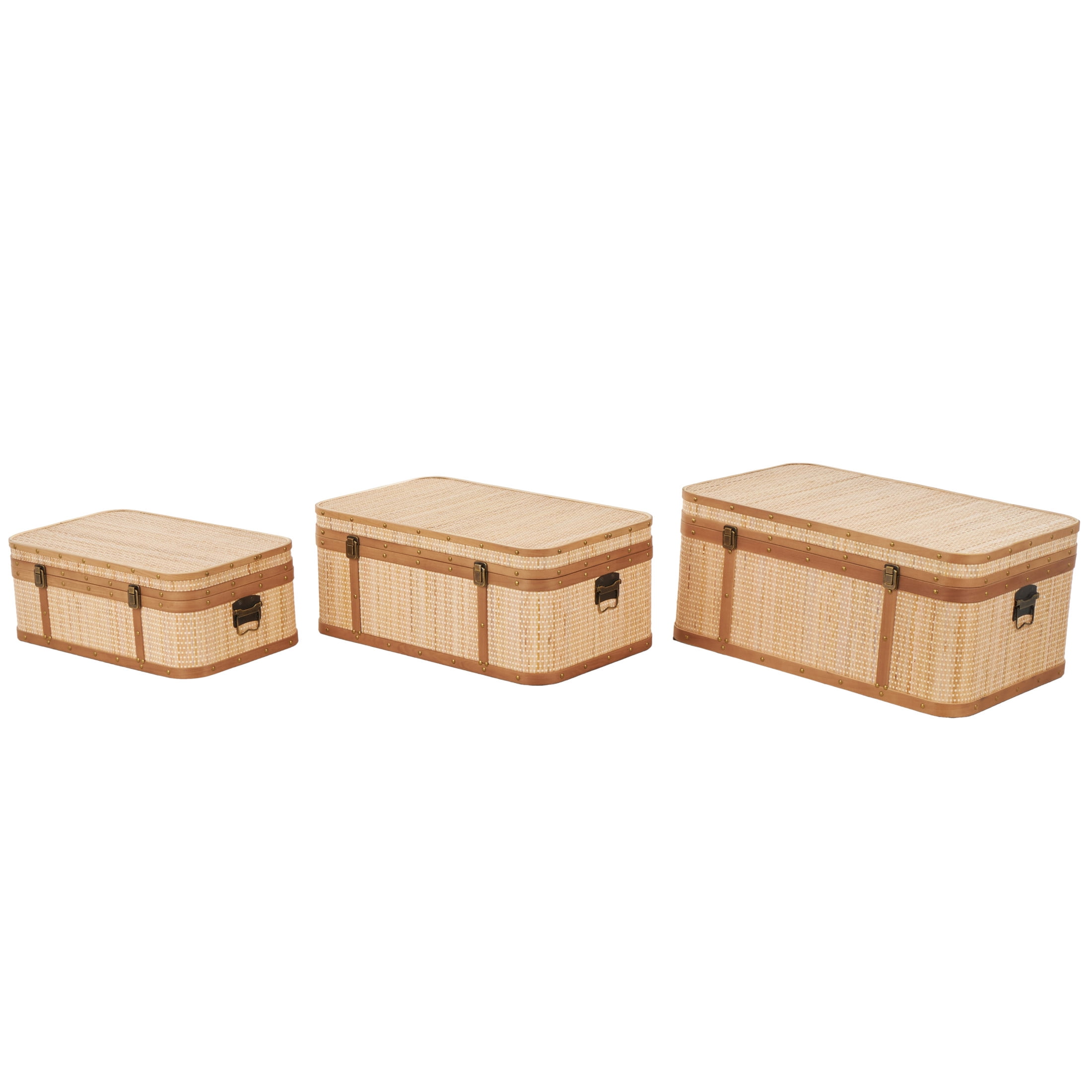 Light Brown Rattan Woven Storage Trunk Set with Brass Latches