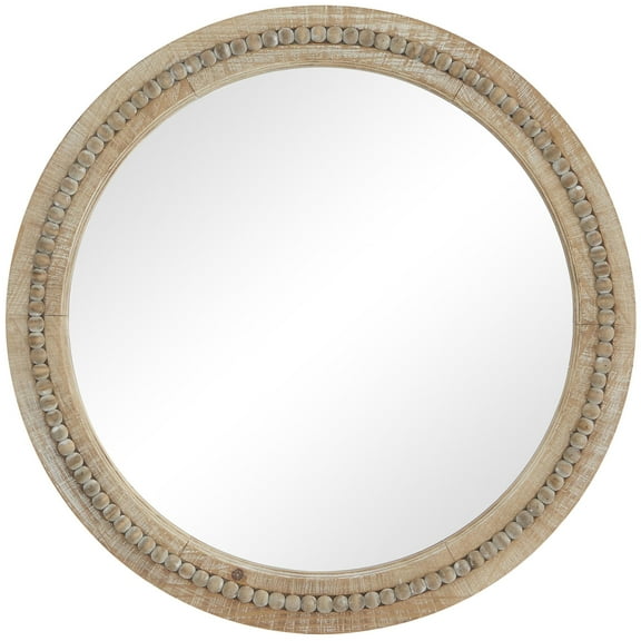 DecMode Brown Wood Washed Beaded Room Wall Mirror, 28" x 2" x 28"