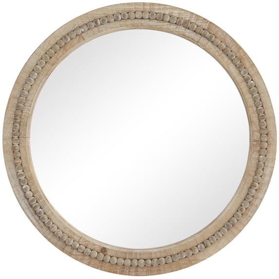 DecMode Brown Wood Washed Beaded Room Wall Mirror, 28" x 2" x 28"
