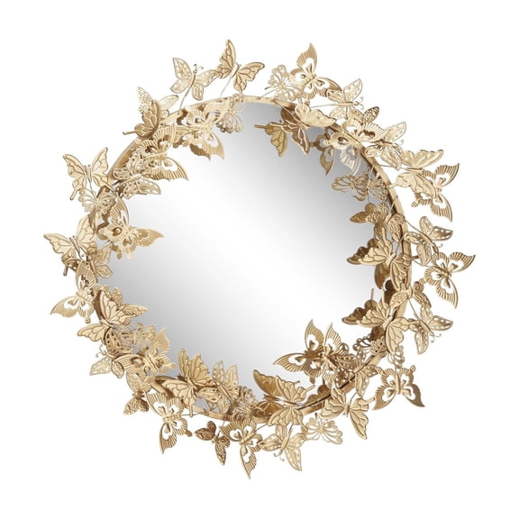 DecMode 28" x 28" Gold Layered 3D Circle Butterfly Wall Mirror