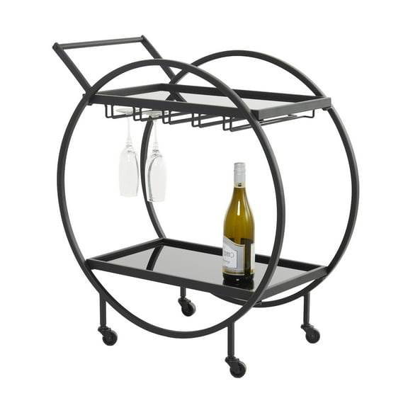DecMode 28" x 31" Black Metal Rolling 2 Shelf Bar Cart with Wine Glass Storage and Handle, 1-Piece
