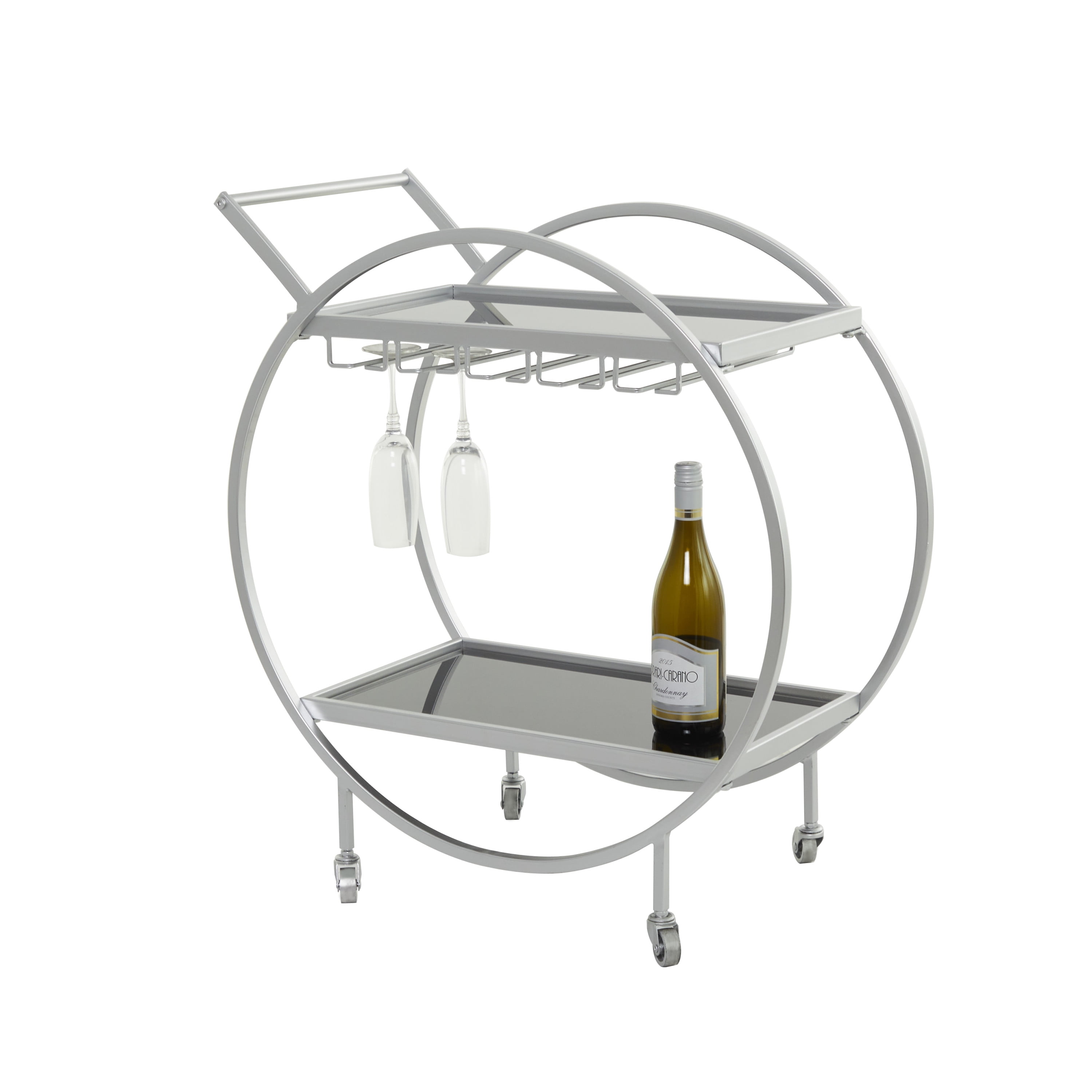 DecMode 28" x 31" Silver Metal Rolling 2 Mirrored Shelves Bar Cart with Wine Glass Storage and Handle, 1-Piece