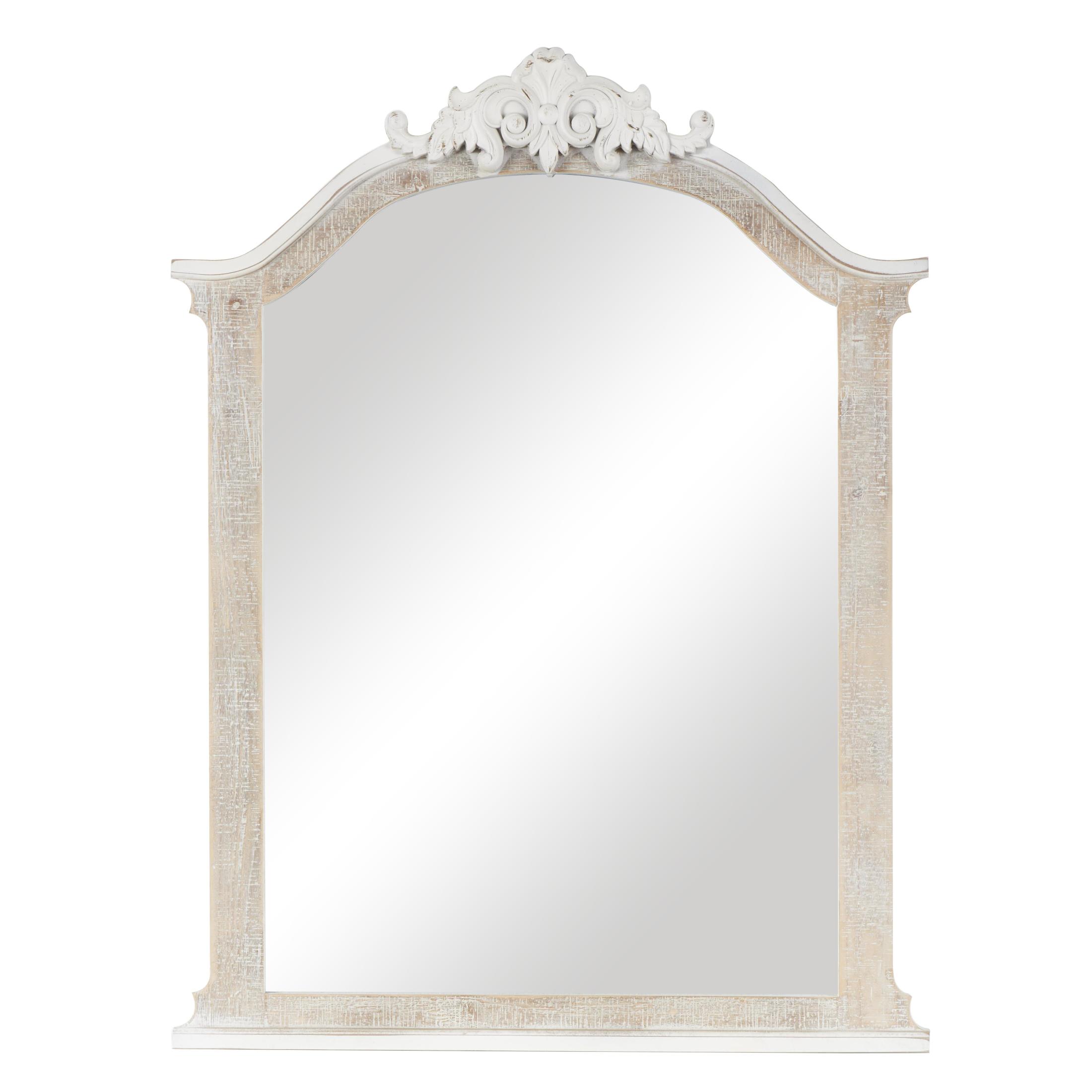 DecMode 28" x 37" Cream Arched Scroll Fleur De Lis Wall Mirror with Brown Distressing