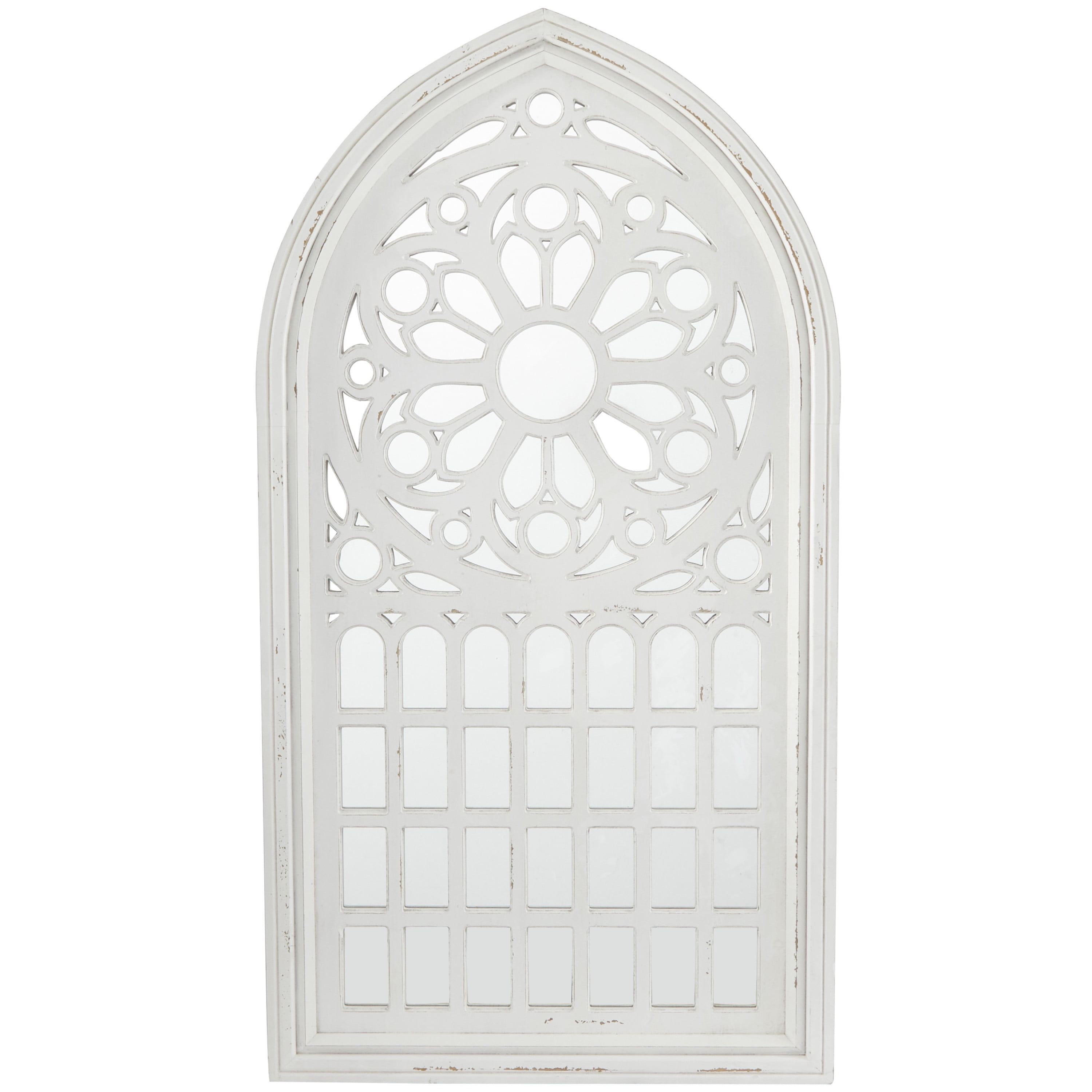 DecMode 28" x 52" White Carved Wall Mirror with Arched Window Panes