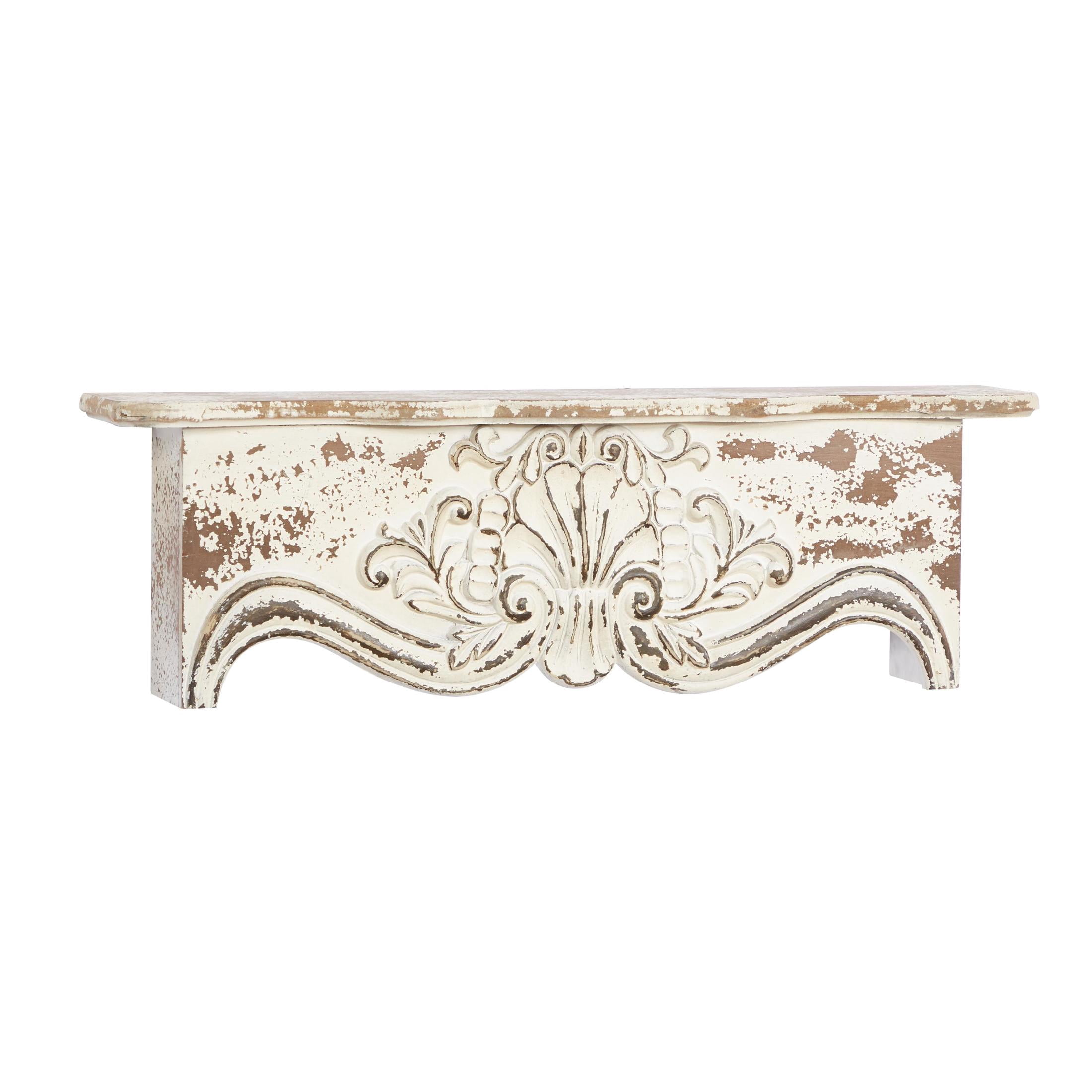 DecMode 28" x 6" Distressed 1-Tier White Scroll Wall Shelf