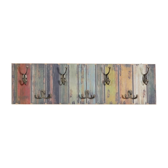 DecMode 28" x 8" Multi Colored Wooden 14 Hangers Wall Hook, 1-Piece