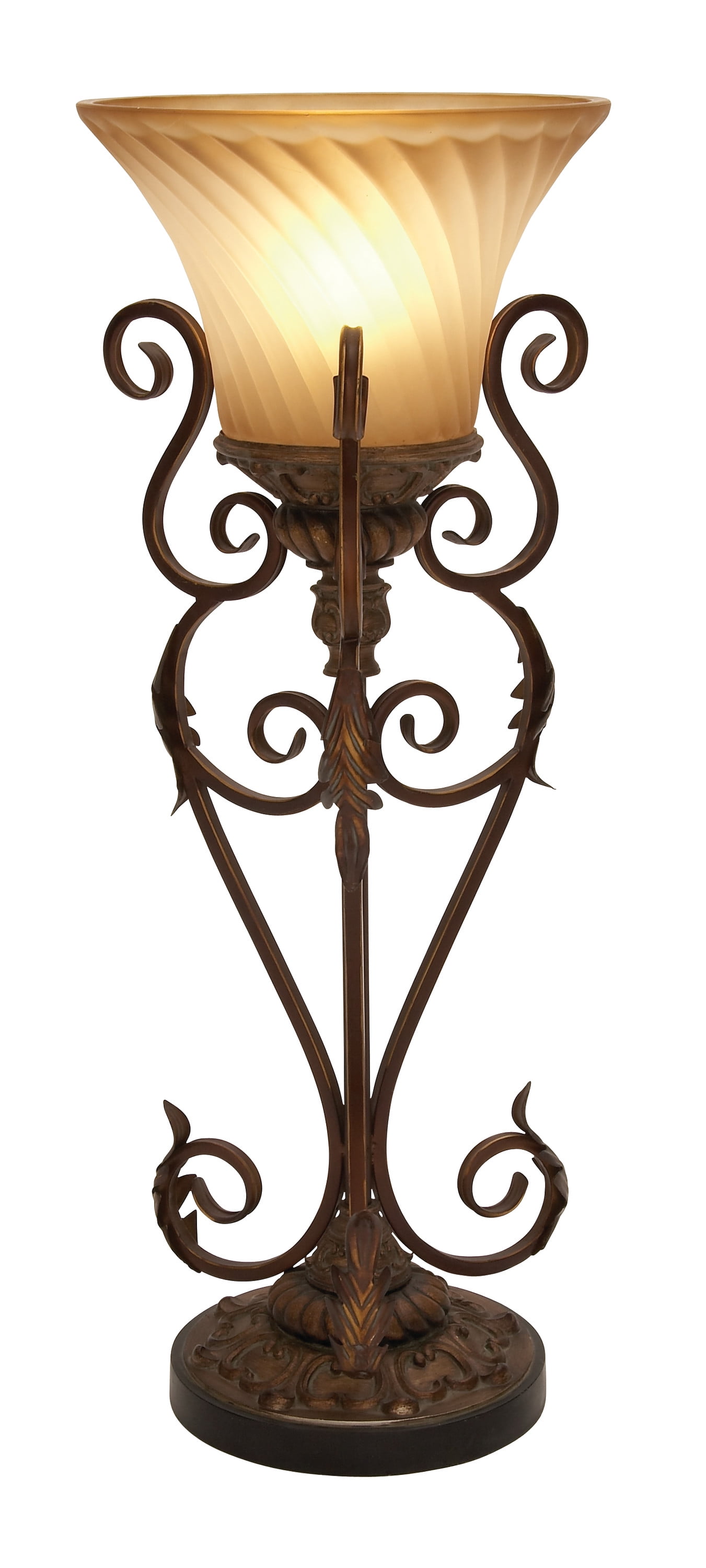 Antique Style Brown Iron Torchiere Set with Beige Glass Bell Shade