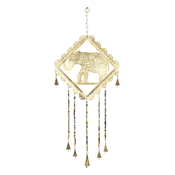 DecMode 29" Gold Metal Elephant Windchime with Glass Beads and Cone Bells