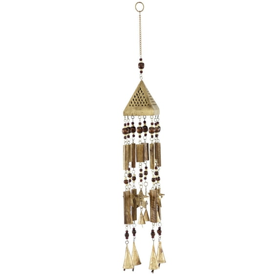 DecMode 29" Gold Wood Sun Stars Windchime with Beads and Cone Bells