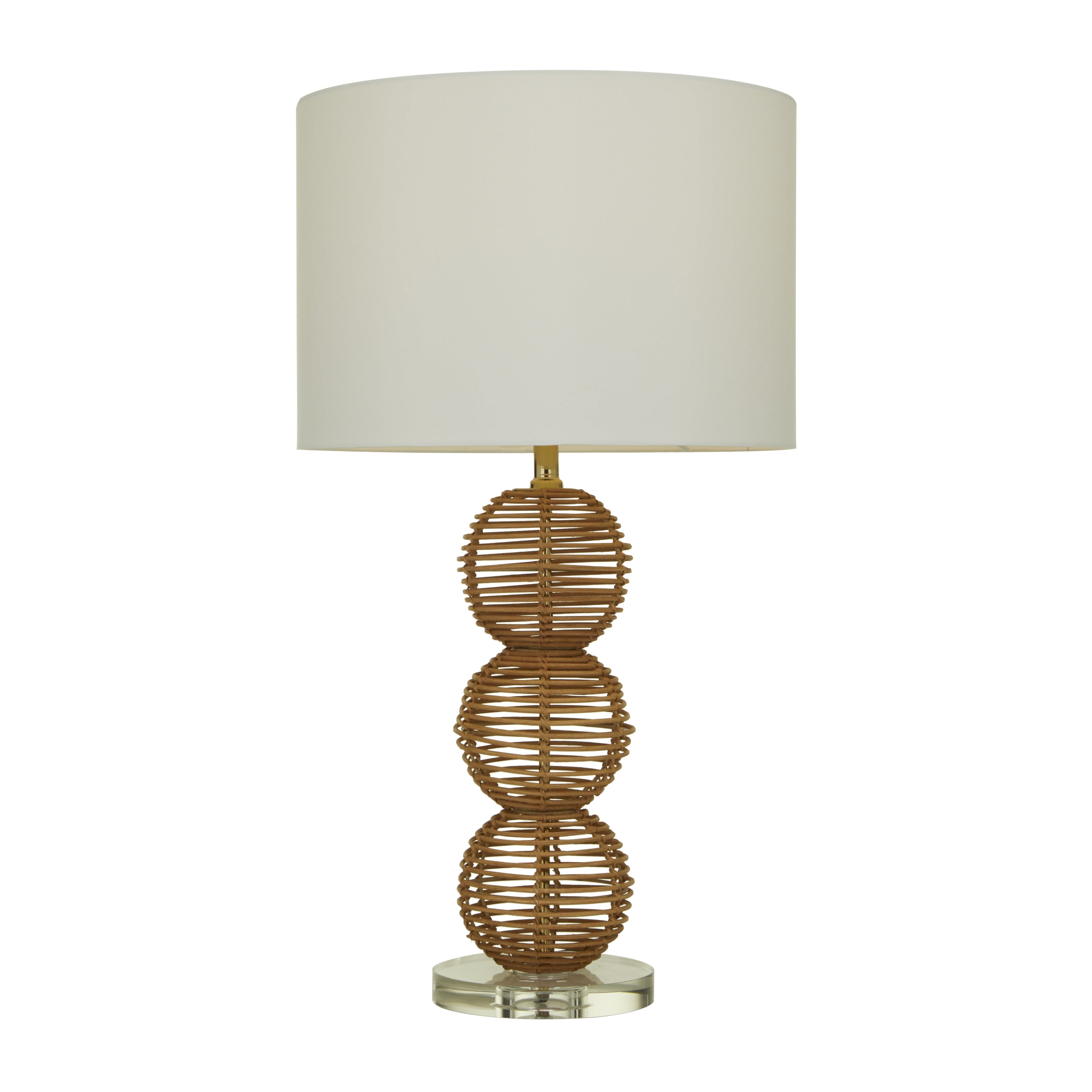 Bohemian Brown Wicker Wood Nightstand Lamp with White Barrel Shade