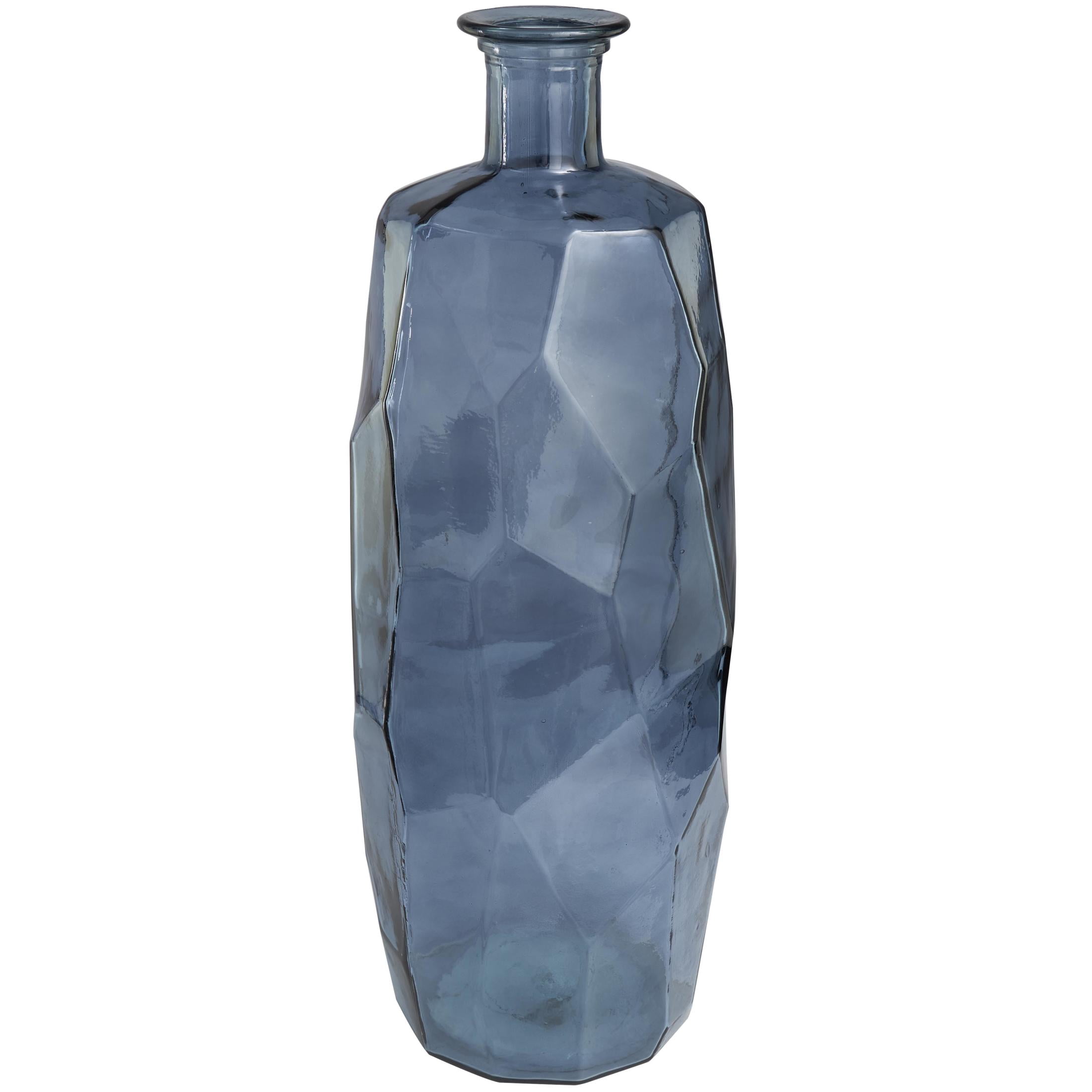 DecMode 29" Handmade Tall Spanish Bottle Neck Faceted Blue Recycled Glass Vase