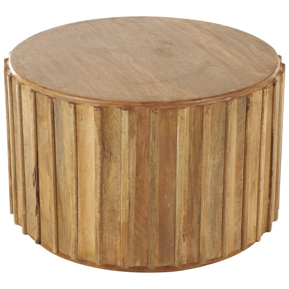 DecMode 29" x 18" Brown Mango Wood Handmade Drum Coffee Table with Slatted Grooved Sides, 1-Piece