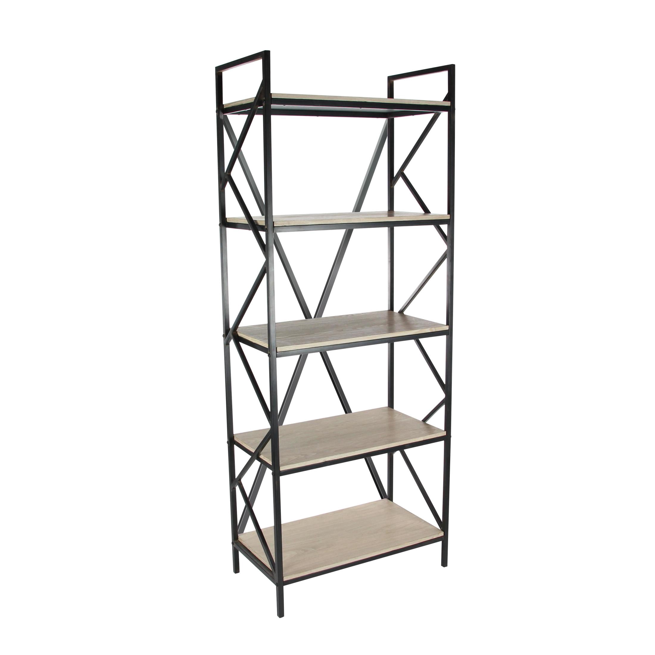 DecMode 29" x 74" Brown Wood 5-Tier Shelving Unit with Black Metal Frame, 1-Piece