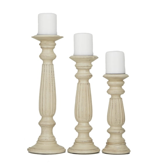 DecMode 3 Candle Beige Mango Wood Distressed Turned Pillar Candle Holder, Set of 3