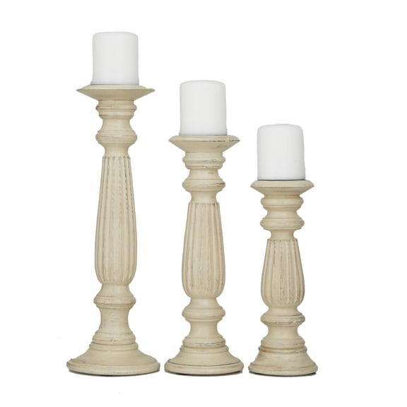 DecMode 3 Candle Beige Mango Wood Distressed Turned Pillar Candle Holder, Set of 3