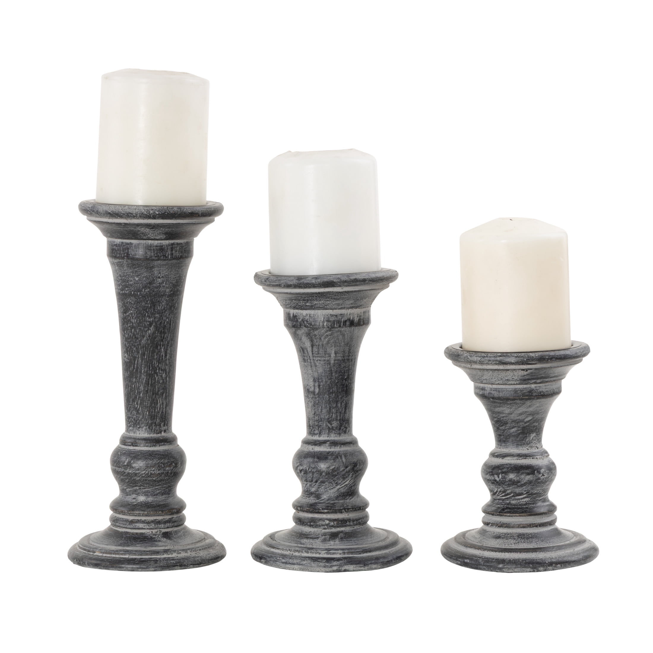 DecMode 3 Candle Black Mango Wood Whitewashed Turned Candle Holder, Set of 3