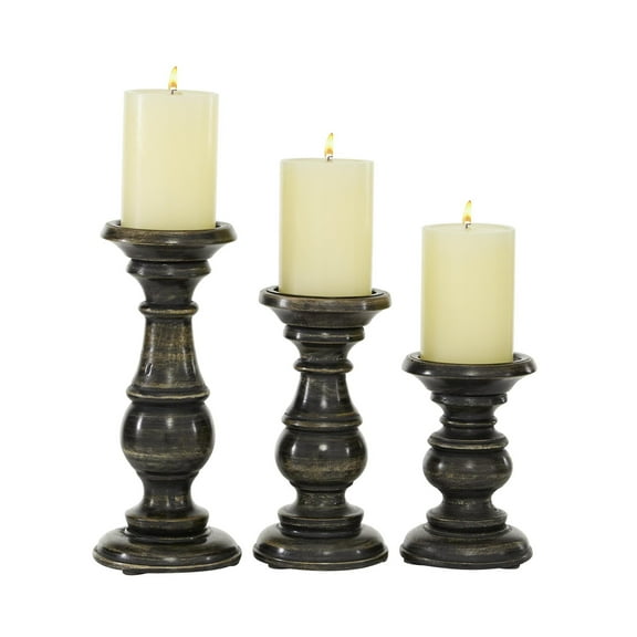 DecMode 3 Candle Black Mango Wood Distressed Turned Pillar Candle Holder, Set of 3
