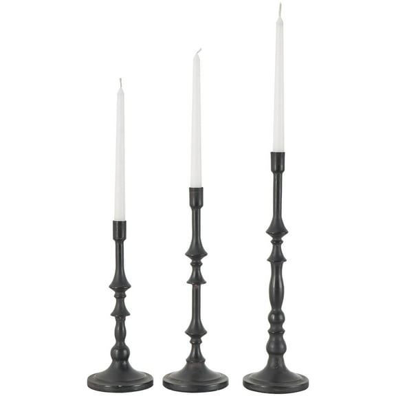 DecMode 3 Candle Black Metal Slim Turned Candle Holder, Set of 3