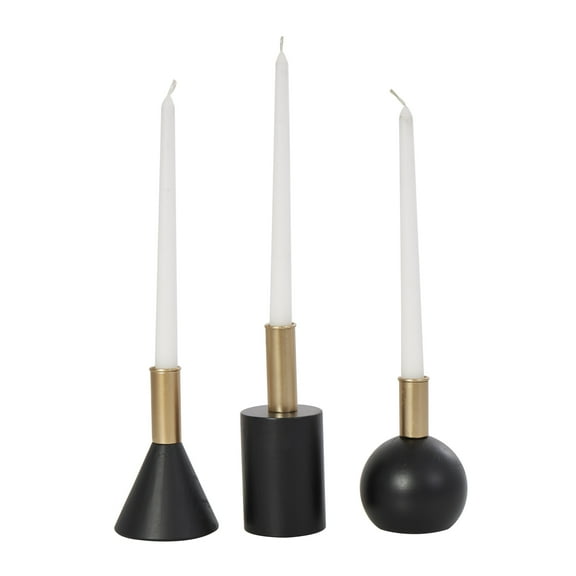 DecMode 3 Candle Black Wood Geometric Candle Holder with Varying Shapes and Gold Accents, Set of 3