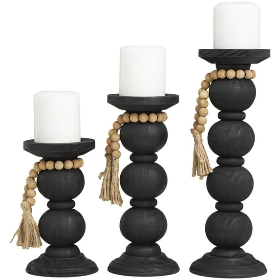 DecMode 3 Candle Black Wood Handmade Bubble Inspired Matte Candle Holder with Beaded Garland Accent, Set of 3