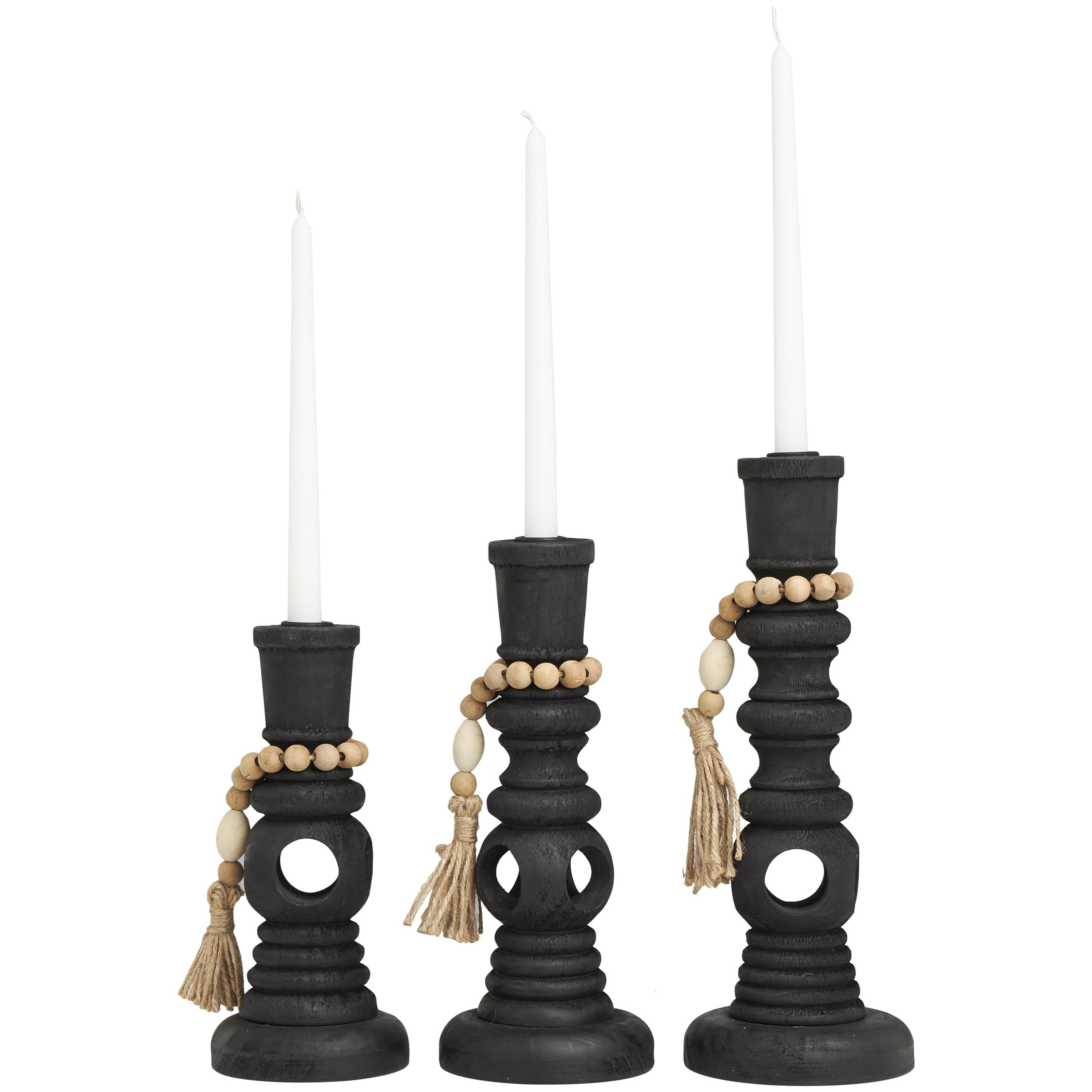 DecMode 3 Candle Black Wood Handmade Textured Matte Candle Holder with Beaded Garland Accent, Set of 3