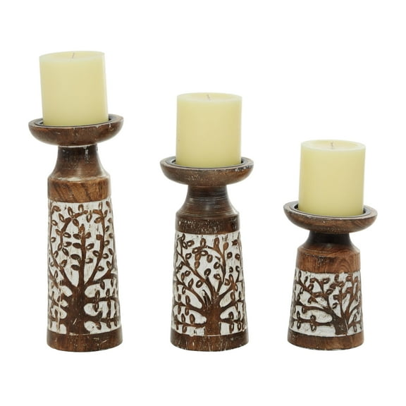 DecMode 3 Candle Brown Mango Wood Handmade Tree Candle Holder with Whitewashed Cream Backing, Set of 3