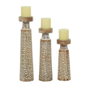 DecMode 3 Candle Brown Mango Wood Handmade Candle Holder, Set of 3
