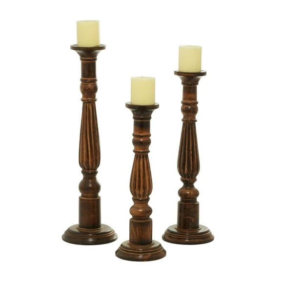DecMode 3 Candle Brown Mango Wood Tall Turned Candle Holder, Set of 3