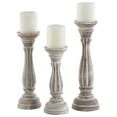 thumbnail image 1 of DecMode 3 Candle Brown Wooden Distressed Turned Pillar Candle Holder, Set of 3, 1 of 14