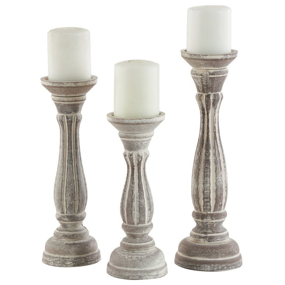 DecMode 3 Candle Brown Wooden Distressed Turned Pillar Candle Holder, Set of 3