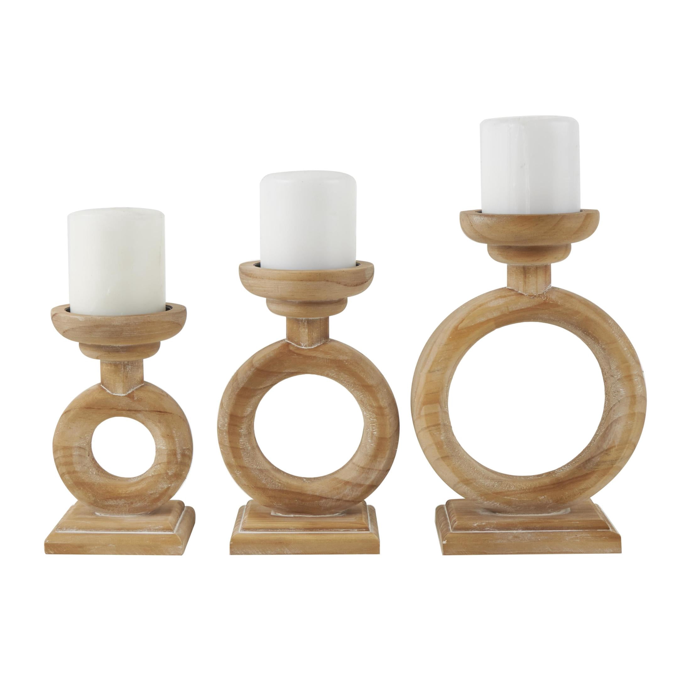 DecMode 3 Candle Brown Wood Circular Ring Candle Holder, Set of 3