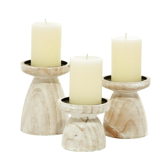 DecMode 3 Candle Brown Wood Short Whitewashed Candle Holder, Set of 3