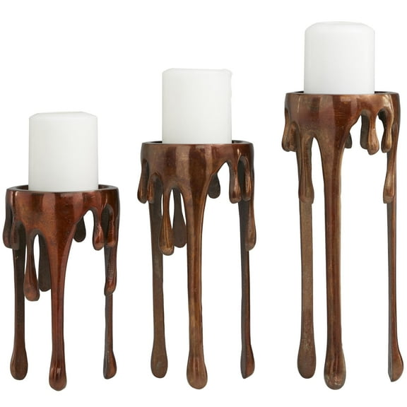 DecMode 3 Candle Copper Aluminum Metal Abstract Drip Candle Holder with Melting Designed Legs, Set of 3