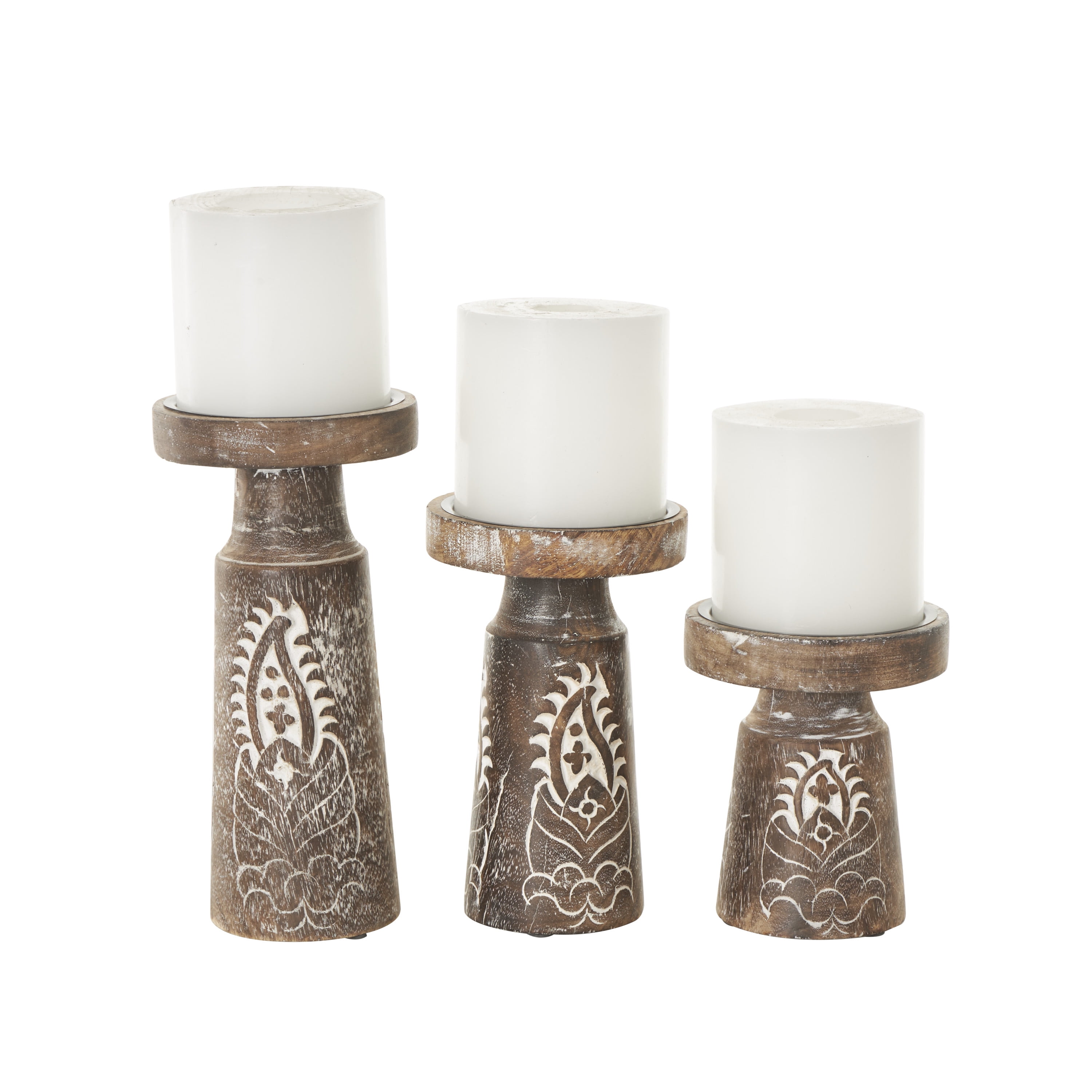 DecMode 3 Candle Dark Brown Mango Wood Tribal Pillar Candle Holder, Set of 3