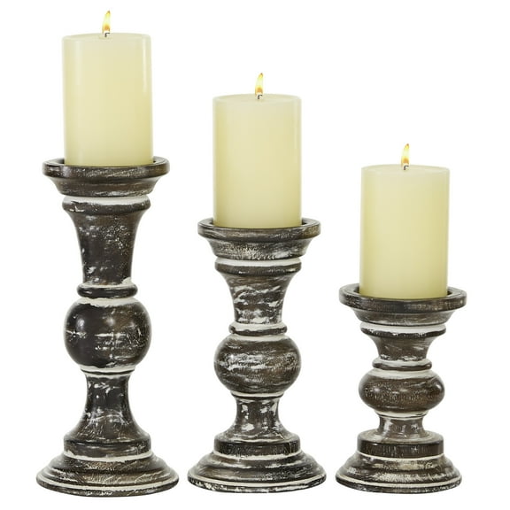 DecMode 3 Candle Dark Brown Wood Candle Holder, Set of 3