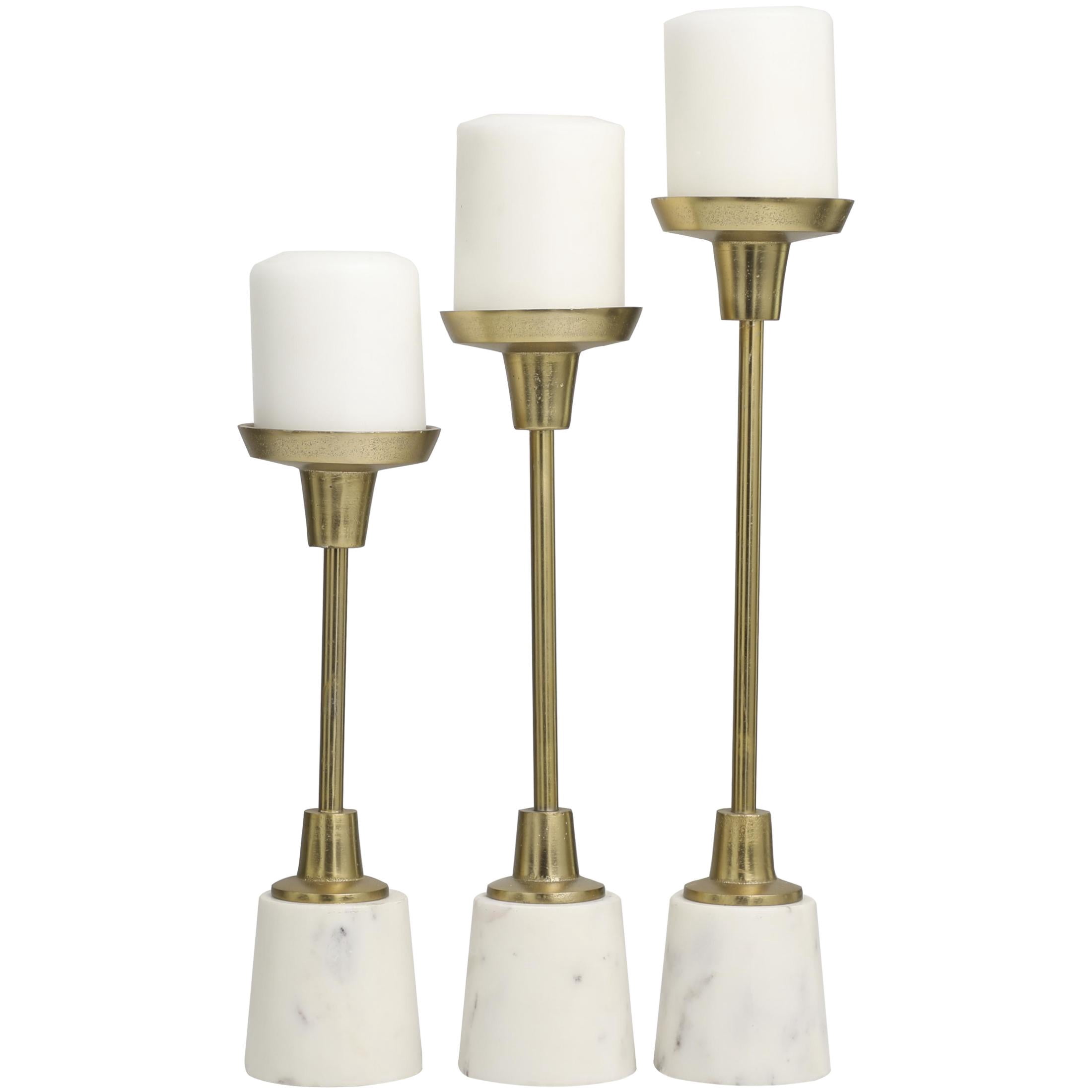 DecMode 3 Candle Gold Aluminum Metal Slim Candle Holder with White Marble Base, Set of 3
